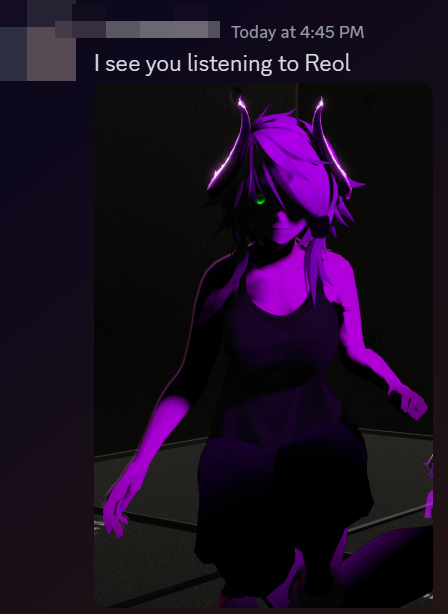 Discord message reading "I see you're listening to Reol"