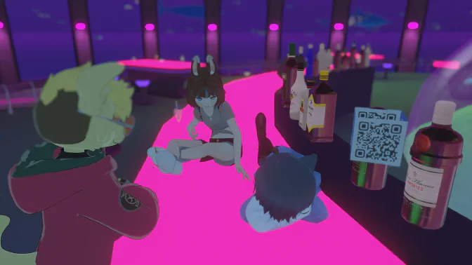 Deravorn, Zemi, and me in the cafeteria you can teleport to after finishing the aquarium exhibit! Dark is wearing one of the avatars from the exhibits; check the QR code!