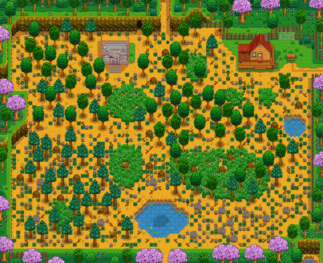 Cluttered standard Stardew Valley farm plot